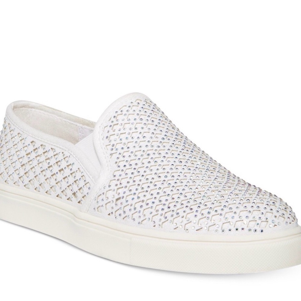 Material Girl White Crystal-Embellished Slip-On Sneakers
